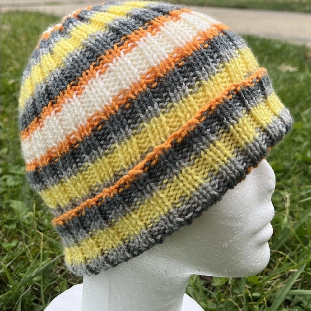 Handmade hat Knit Beanie - Yellow, Gray, Orange, White